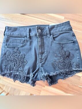 American Eagle Outfitters Black Denim Jean Shorts with Crochet Lace Trim